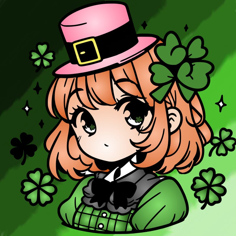a manga-style girl with clovers around her, a little hat in her hair, like it's saint patrick's day