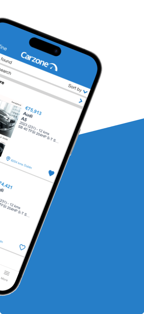 Smartphone screen displaying the Carzone app used car listings with pricing and location details in Ireland