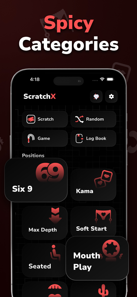 Interface of the ScratchX app showing spicy categories and sex positions for couples