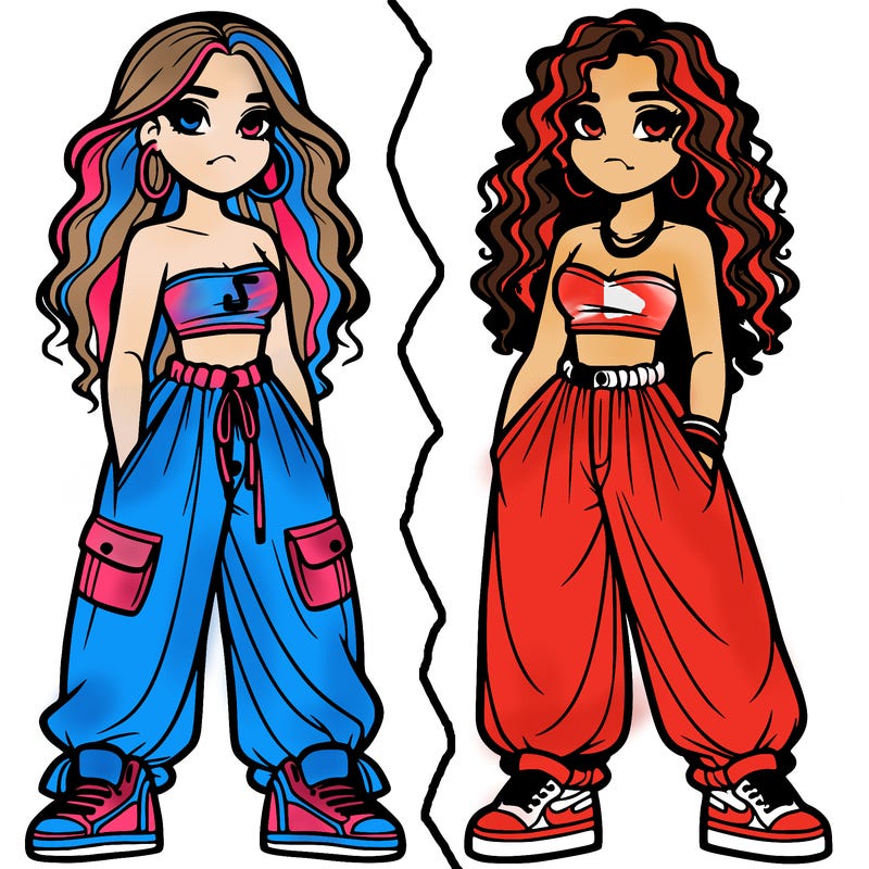 two girls in baggy pants crop top and hairstyle curly