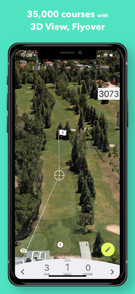 Golf GPS ++ - 3D flyover and satellite view of a golf course hole on the Golf GPS ++ mobile app