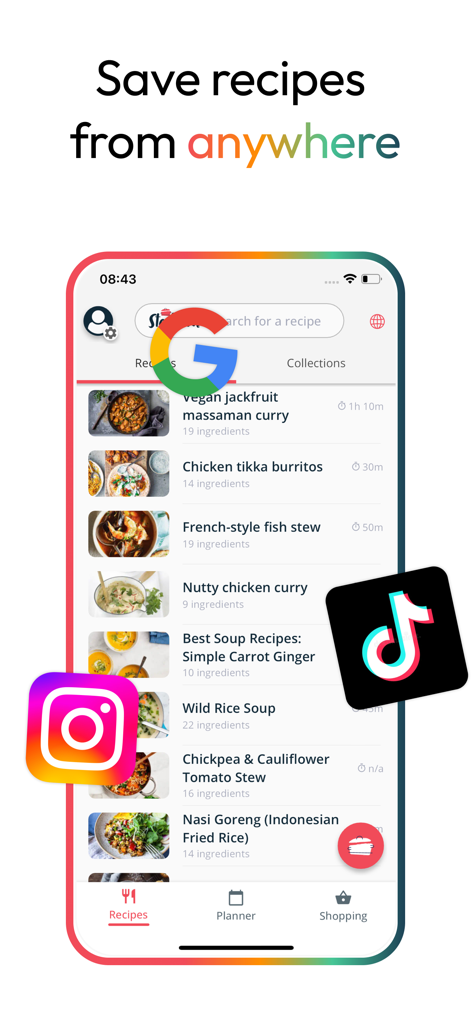 Stashcook app interface showing a list of saved recipes with Google TikTok and Instagram icons illustrating the ability to save content from any platform.