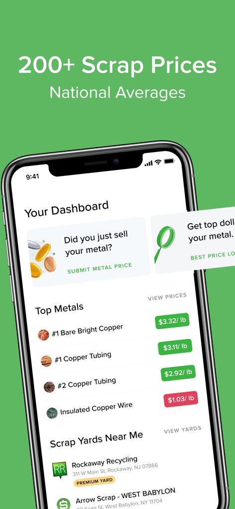 iScrap: National Scrap Prices - A smartphone screen showing the iScrap app dashboard with copper prices and scrap yard locations