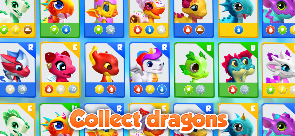 Dragon Mania Legends - Une grille colorée de cartes de dragons variées illustrant différentes espèces et éléments dans Dragon Mania Legends