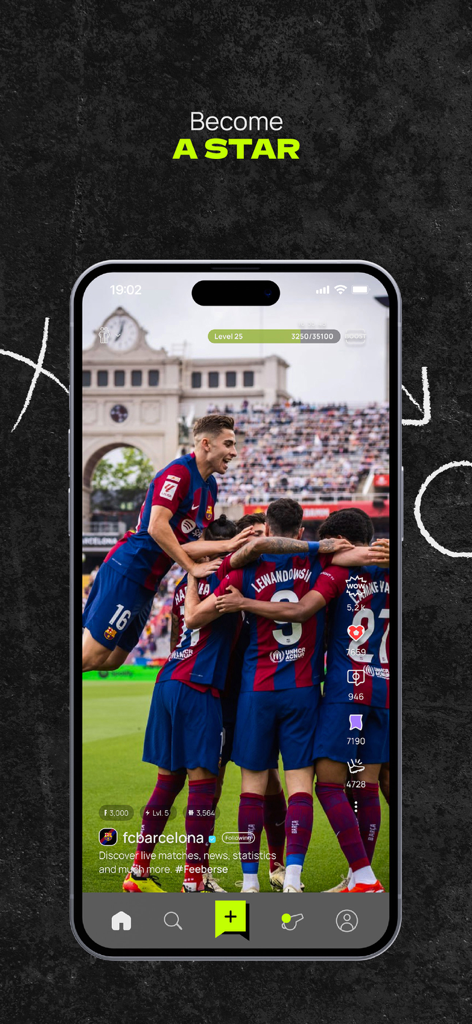 Feeberse - Feeberse soccer social app interface showing an FC Barcelona celebration with gaming level and market value stats.