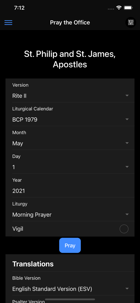 Venite.app - The Pray the Office configuration screen in the Venite app showing settings for Rite II Morning Prayer with English Standard Version Bible translation.