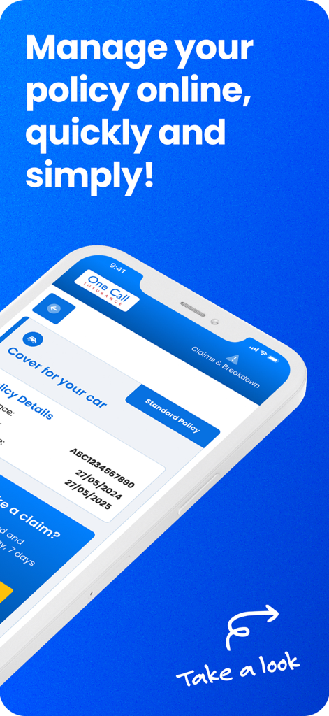 One Call Insurance - One Call Insurance app interface on a smartphone showing car insurance policy details and options to manage cover online.