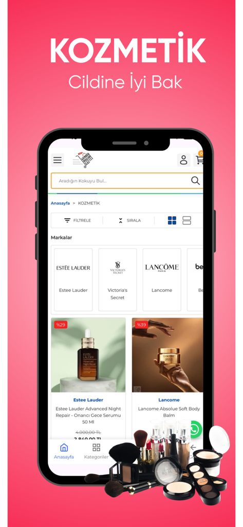 Gümrük Malları Satışı - Mobile app screen for cosmetics shopping featuring discounted luxury beauty products from brands like Estee Lauder and Lancome
