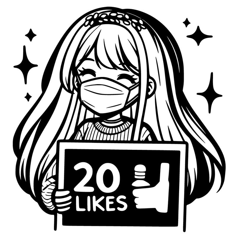 a sign say please 20 likes with a smile girl with a mask long hair