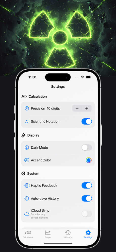 Gamma Calculator - Settings screen of the Gamma Calculator Pro app displaying options for calculation precision, scientific notation, dark mode, and haptic feedback.