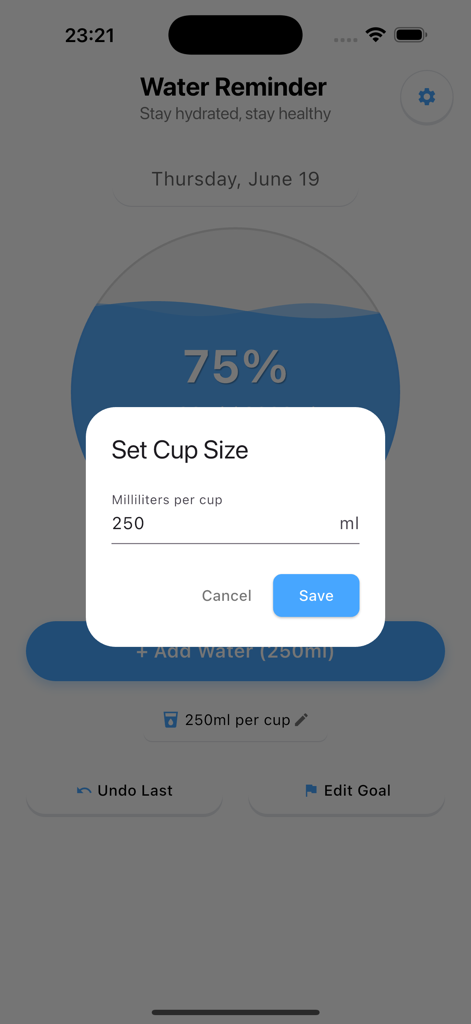 Waterry - Water Reminder - Pantalla que muestra cómo establecer el tamaño de taza personalizado en la aplicación de recordatorio de agua Waterry.