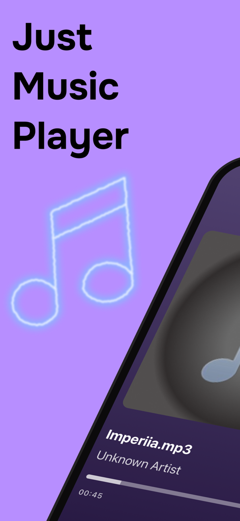 Just Music Player - JMP - Interfaz de la aplicación Just Music Player mostrando una pista sonando con un fondo minimalista morado y una nota musical de neón brillante