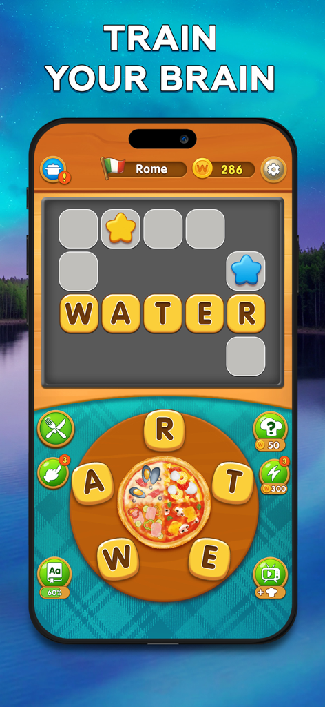 Word Pizza mobile game interface featuring a word search puzzle with a pizza themed letter selector and Rome travel level