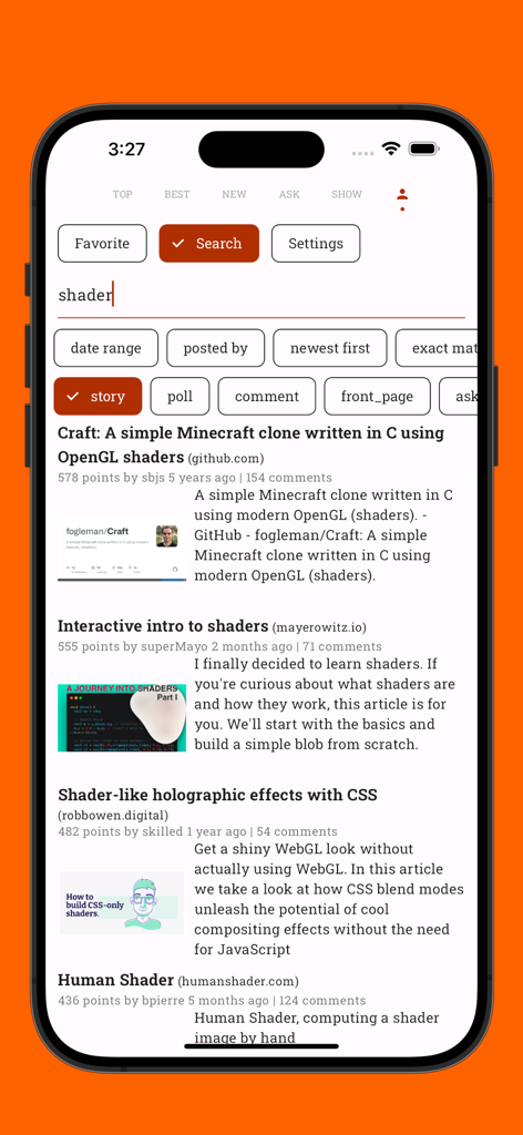 Hacki app search interface showing results for stories about shaders with filter and sort options
