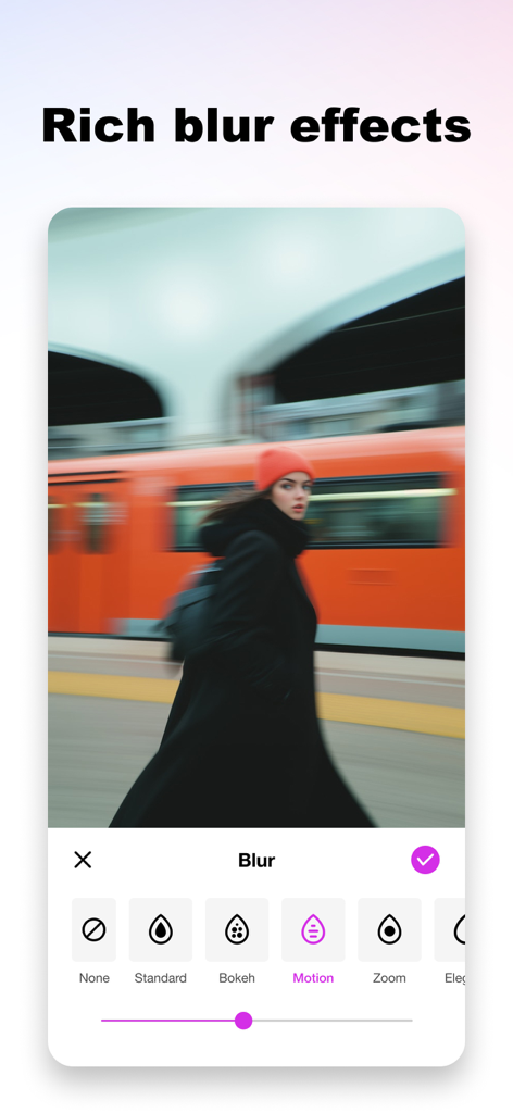 Background Eraser&Photo Editor - Pantalla del editor de fotos que muestra efectos de desenfoque de movimiento y opciones de filtro.