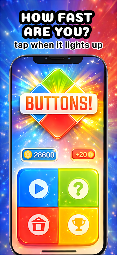 Buttons • Reaction time Game - Main menu of Buttons reaction time game on a mobile phone showing game icons and currency.