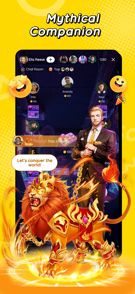 Saya - Games&Party&Chat - Saya app interface featuring a mythical armored lion companion and voice chat room