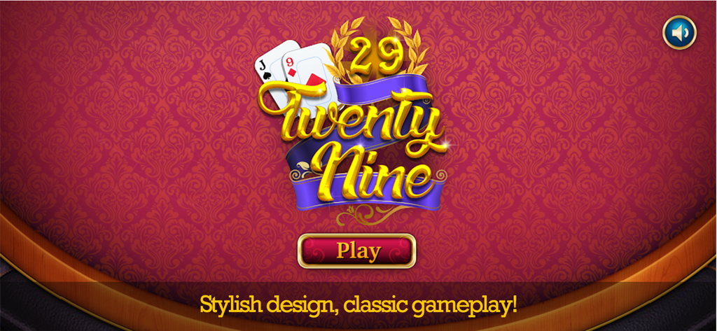 29 Card Game: Offline Fun Game - Main menu screen of the 29 Card Game app with a Play button and stylish red background