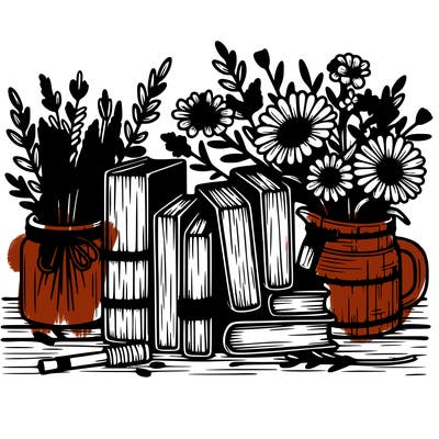 rustic books and flowers realistic