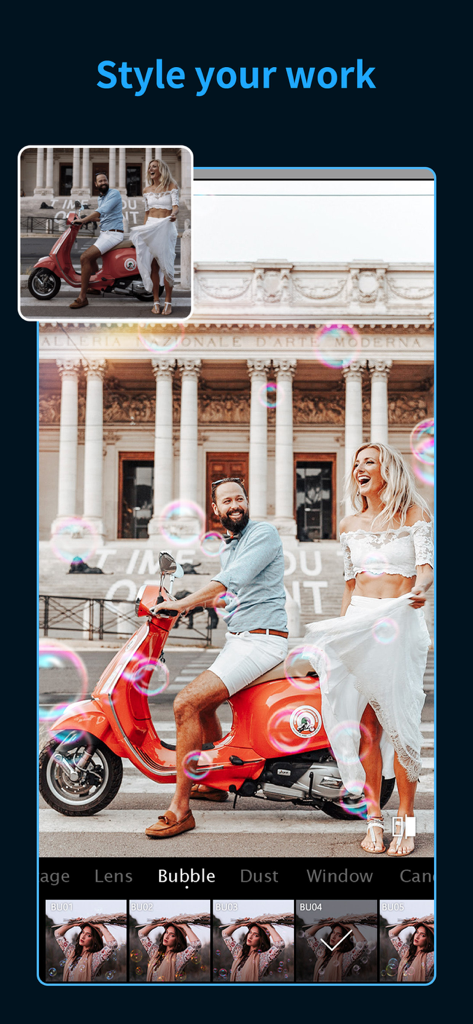 Mobile app interface of Koloro showing a bubble overlay effect being applied to a photo of a couple on a red scooter.