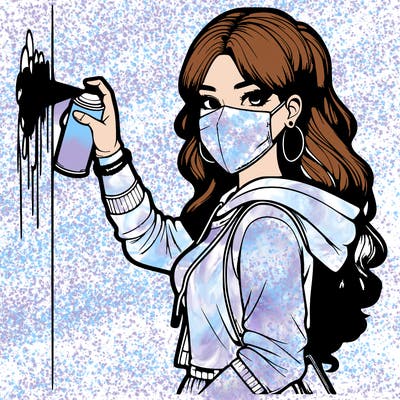 realistic girl with mask spray painting a wall