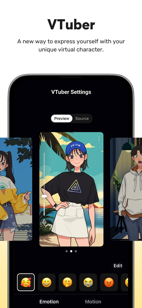 애니메이션 아바타와 감정 제어가 있는 VTuber 설정을 보여주는 PRISM Live Streaming 앱의 모바일 인터페이스