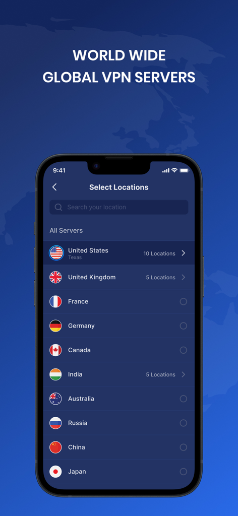 VPN Fast Smart & Secure Proxy - A list of worldwide global VPN server locations in the VPN Fast app interface