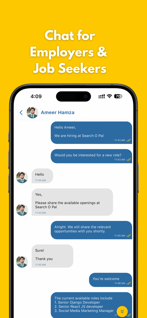 Search O Pal - Real-time chat interface between an employer and a job candidate in the Search O Pal mobile app.