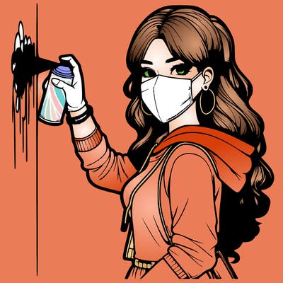 realistic girl with mask spray painting a wall