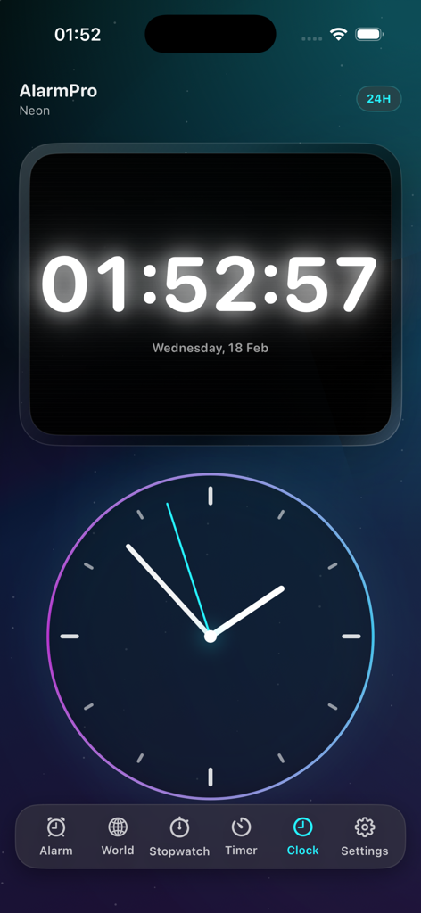 Alarm Clock – Loud Wake Up* - Digital and analog nightstand clock interface in the Alarm Pro app