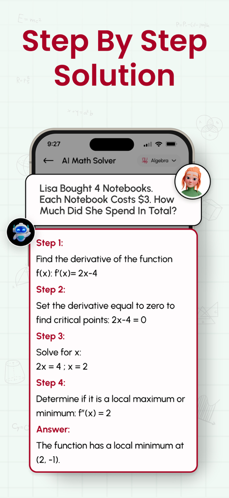 Math AI - Solve Math Problems - Interfaz de la aplicación móvil que muestra una solución matemática paso a paso para un problema de derivada de cálculo