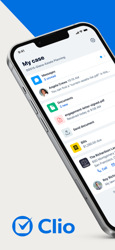 Clio for Clients - A smartphone showing the Clio for Clients app dashboard with case messages, document status, and bill payment overview.