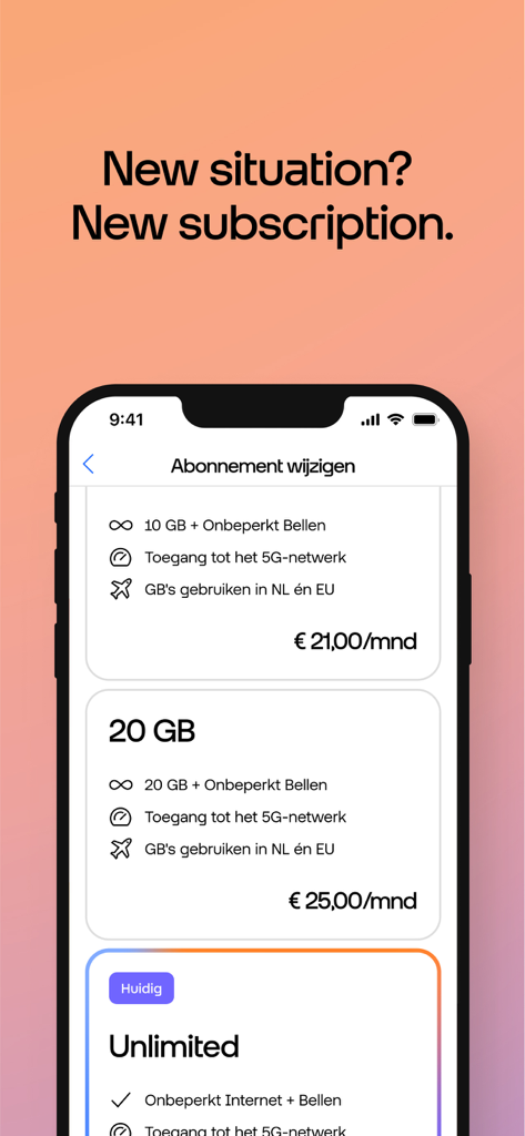 Odido mobile app screen showing different data subscription plans and prices