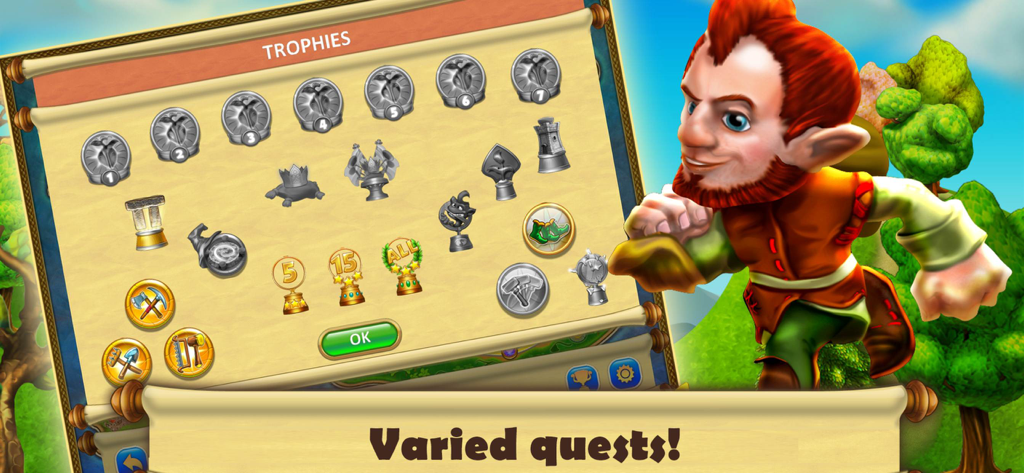 Una captura de pantalla que muestra el menú de trofeos en Gnomes Garden con varios iconos de logros y un personaje de gnomo pelirrojo.