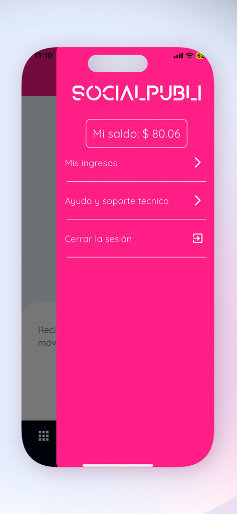 Una pantalla de smartphone que muestra el menú de cuenta de la aplicación Socialpubli para influencers con el saldo actual y opciones de ingresos.
