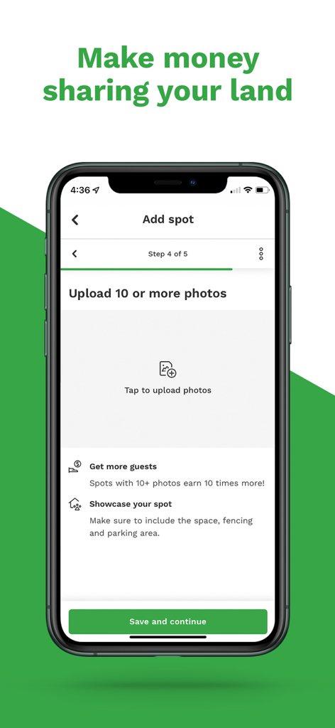 Sniffspot - Private Dog Parks - 物件所有者が犬の公園レンタル用に土地をリストするための写真アップロードステップを示すSniffspotアプリのインターフェイス