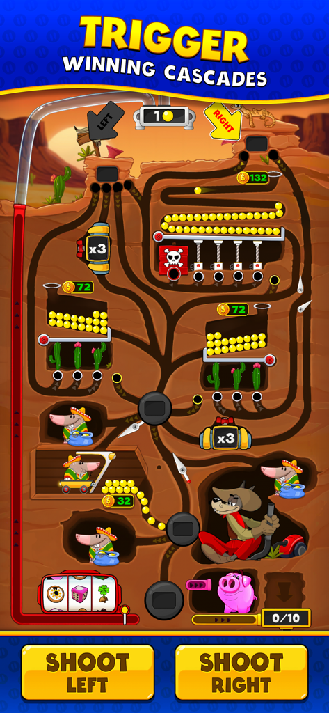 Piggy Prize - Tela de jogabilidade de Piggy Prize com pérolas rolando por trilhas subterrâneas com toupeiras e um cofrinho rosa