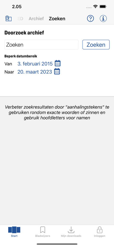 ED - Digitale krant - Search screen of the ED digital newspaper app archive with keyword and date range filters