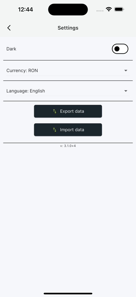 Pocket Money Manager - Settings screen of the Pocket Money Manager app showing currency and language preferences and data export options