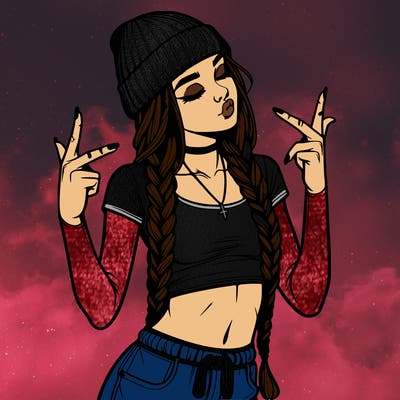 realistic teenage girl with braids and a beanie and crop top doing 🫶🏼