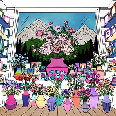 large vase of peonies and other flowers sitting in the window of a beautiful flower shop.  the point of view is from inside the store.  there are other vases, flowers, picture frames, greeting cards.  outside are mountains and trees