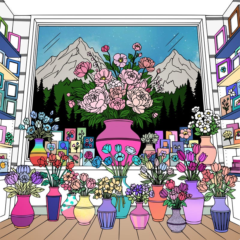 large vase of peonies and other flowers sitting in the window of a beautiful flower shop.  the point of view is from inside the store.  there are other vases, flowers, picture frames, greeting cards.  outside are mountains and trees