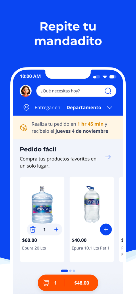 Mi Mandadito ePura - La interfaz de la aplicación móvil Mi Mandadito ePura que muestra productos de agua ePura y detalles de entrega.