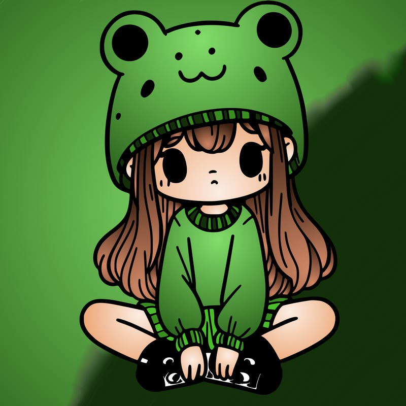 a girl wearing a frog hat and some frog socks