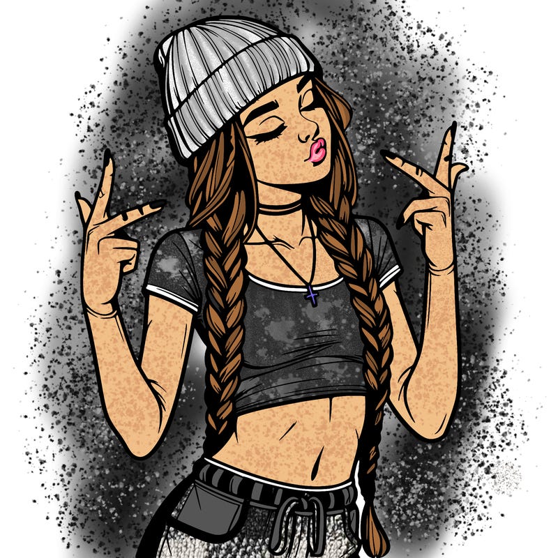 realistic teenage girl with braids and a beanie and crop top doing 🫶🏼