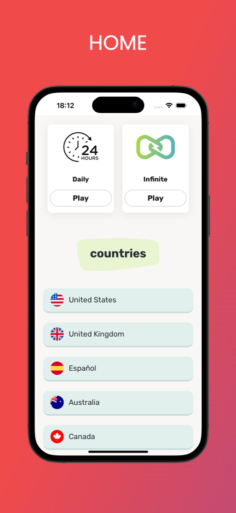 Songless - Songless app home screen showing Daily and Infinite play modes and country selection menu.