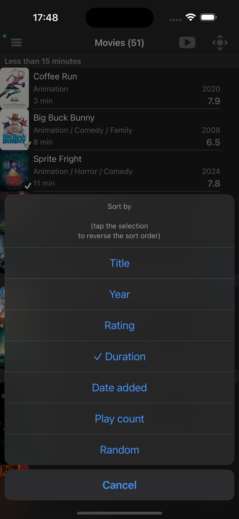 A sorting menu for movies in the Official Kodi Remote app