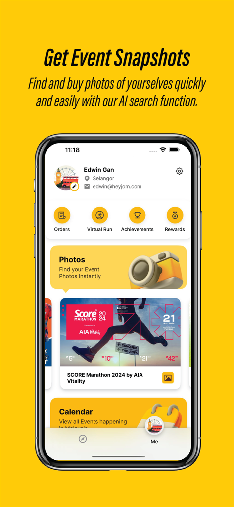 Ecrã da app HeyJom mostrando pesquisa de fotos de eventos com tecnologia AI e inscrições para maratonas.