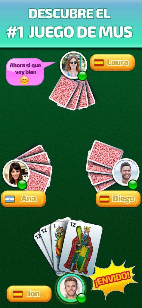 Pantalla de juego de Mus Online Maestro que muestra una partida de cuatro jugadores con cartas españolas tradicionales y burbujas de chat.