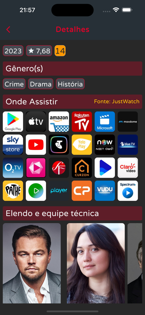 Indica Filme - Indica Filme app screen showing movie details with streaming service icons and cast members